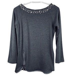 Pearl Beaded Boatneck Collar Zipper Detail Hemline shirt